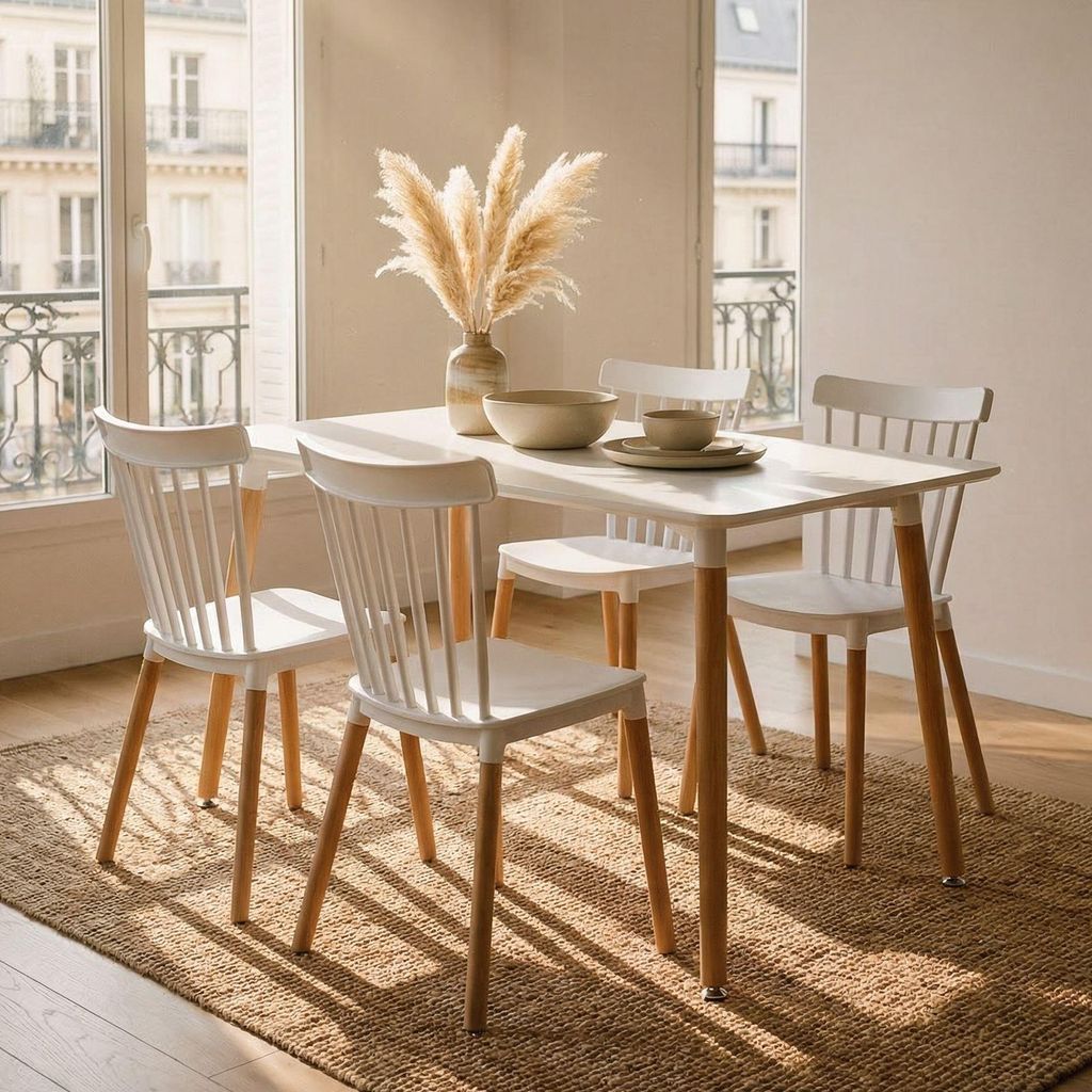 SHANNON/RAVI Essgruppe mit Tisch und 4 Stühlen, Weiß - Esstisch klein 120 x 70 cm, Tisch mit 4 Stühlen Set, Esszimmermöbel für moderne und ska...
