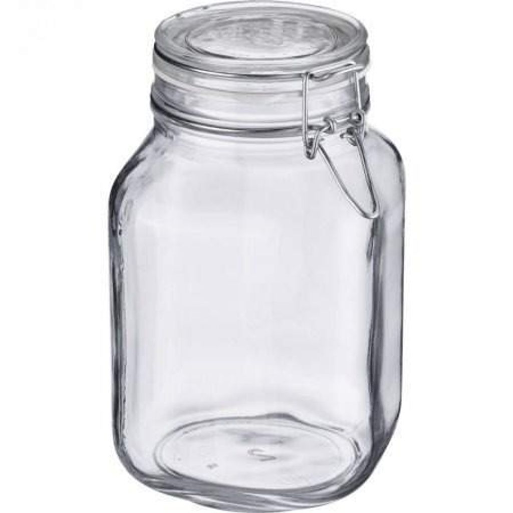 A clear glass jar with a metal clasp and a rubber ring.