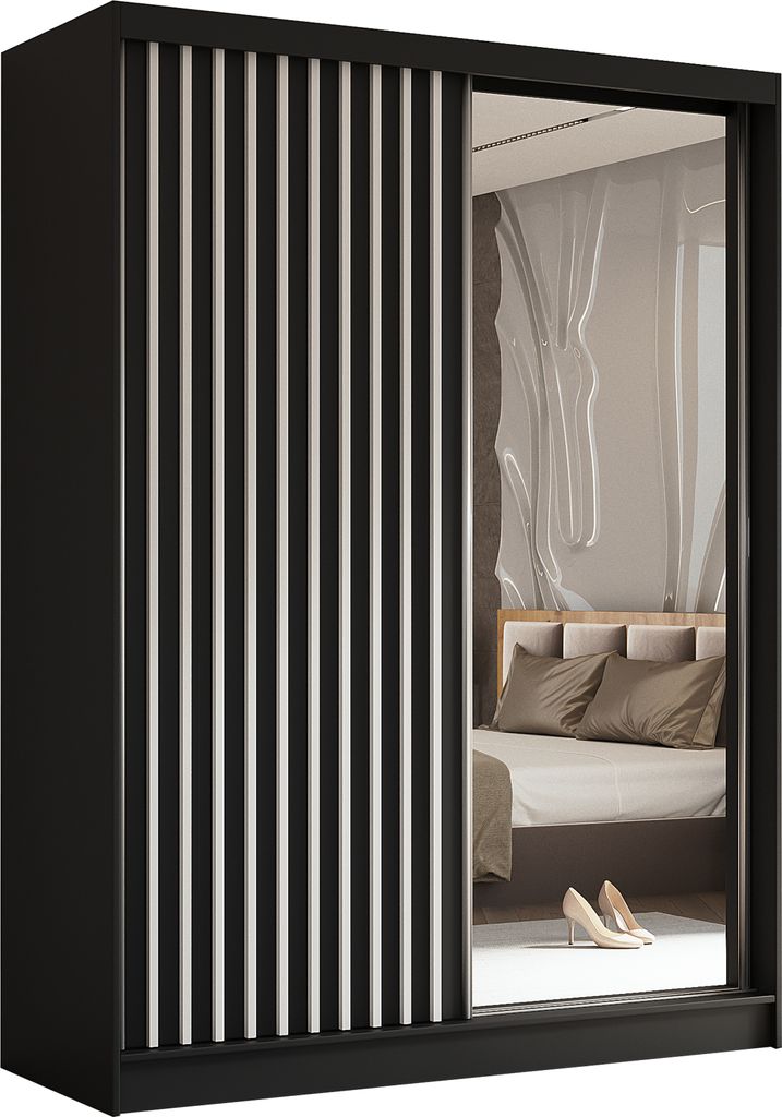 AGMAT Schwebetürenschrank Nevada, Kleiderschrank mit Spiegel und 2 Türen, Moderne Garderobe in Farbe: Schwarz, Schrank in Größe: 160 x 216 x 61 cm