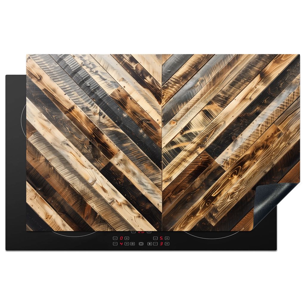 KitchenYeah Herdabdeckplatte Holzmotiv - Industriell - Fischgrätenmuster , 81x52cm, Küche Deko, Glaskeramikkochfeld Herdabdeckung, Abdeckplatte...
