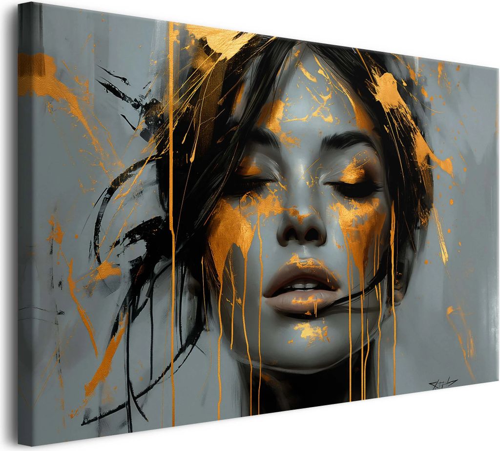 Modernes Leinwandbild für das Wohnzimmer Frauengesicht in Gold 80x120cm