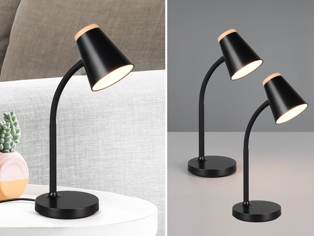 2er SET LED Schreibtischlampen Schwarz mit Holzoptik flexibel biegsam, H 36cm