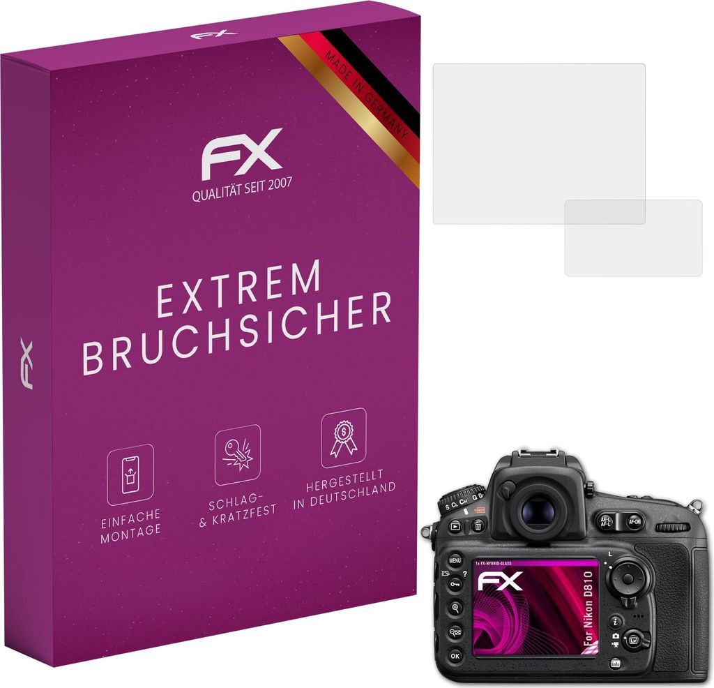 atFoliX FX-Hybrid-Glass Displayfolie kompatibel mit Nikon D810 Glasfolie