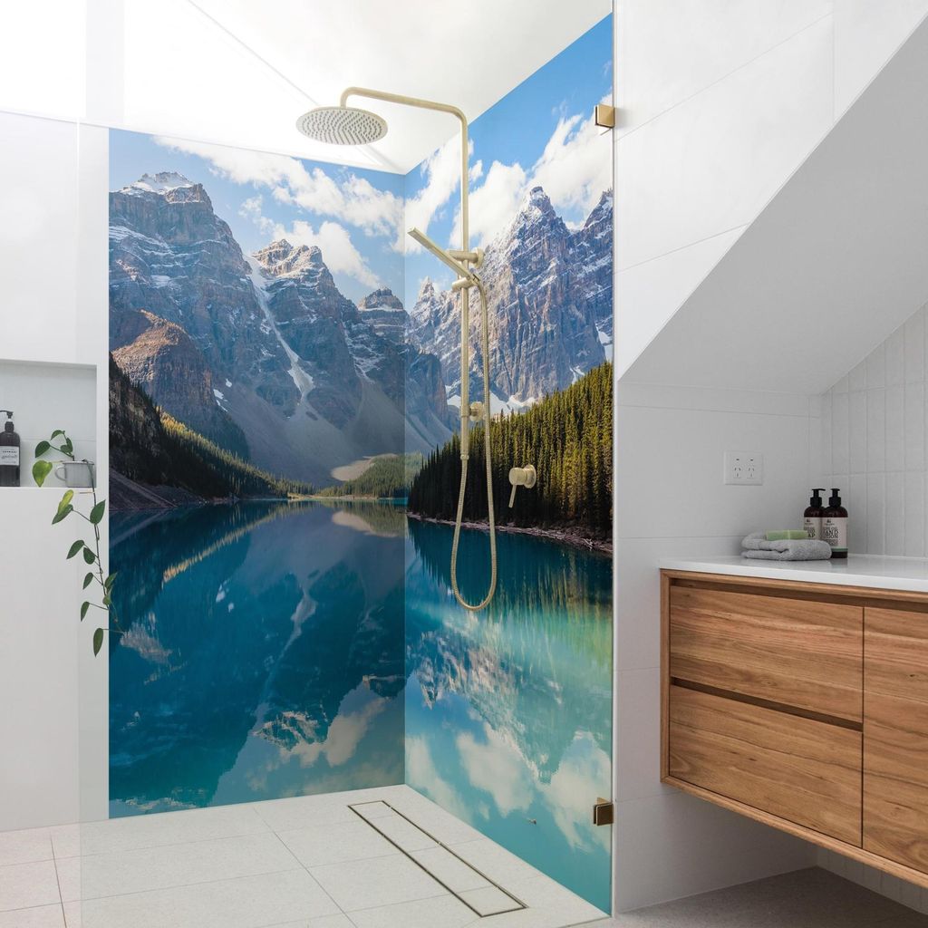 Duschrückwand Natur selbstklebend - 0.35 mm Wandpaneel wasserfest Berg blau Motiv Badrückwand fugenlos Smart matt 110x210 cm