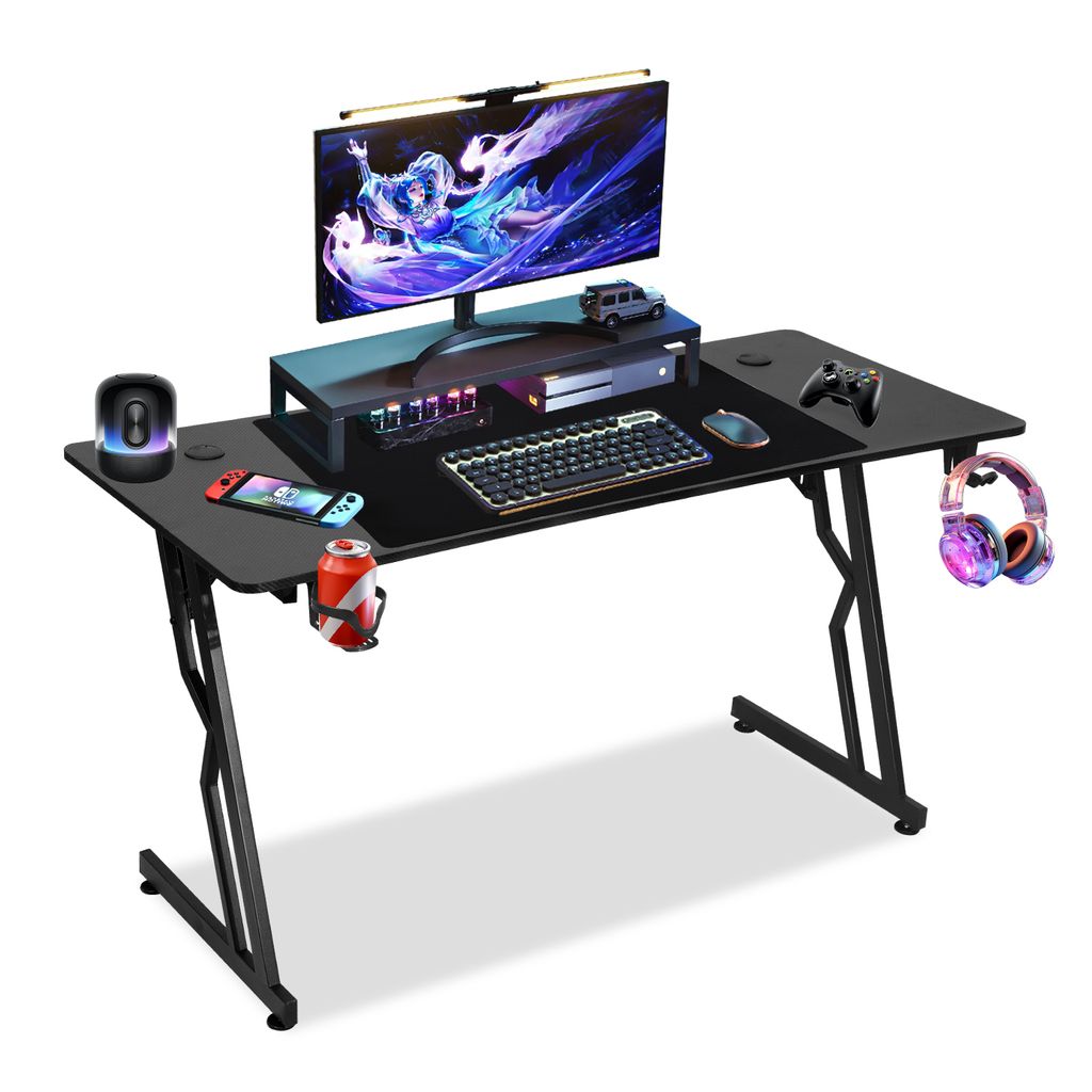 Jopassy 120x60cm Gaming Schreibtisch mit Getränkehalter Kopfhörerhalter und Mauspad, Tischplatte aus Carbon, Z-förmiger (ohne LED)