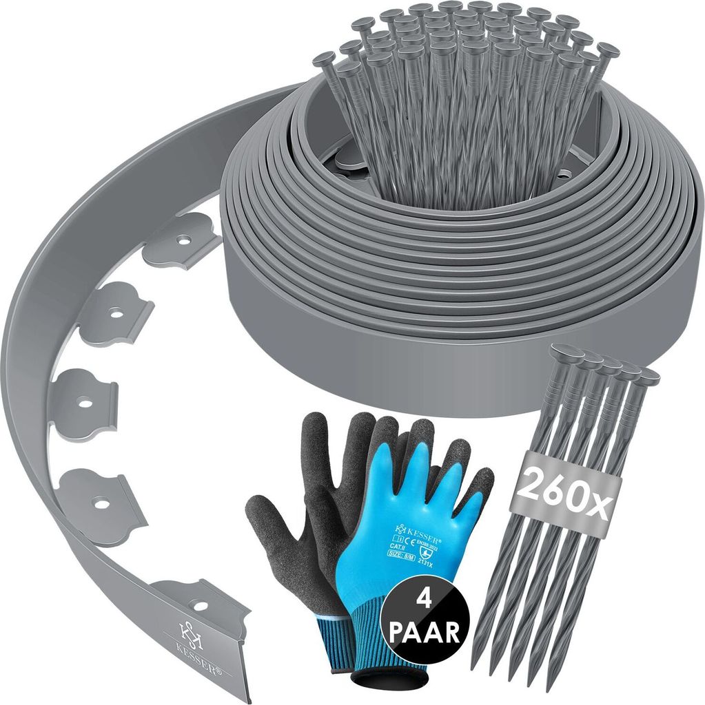 KESSER Flexible Rasenkante aus Kunststoff Länge 10m Höhe 5cm, mit 50 Erdanker + Handschuhe, Beeteinfassung Beetumrandung Beetbegrenzung Mähkan...