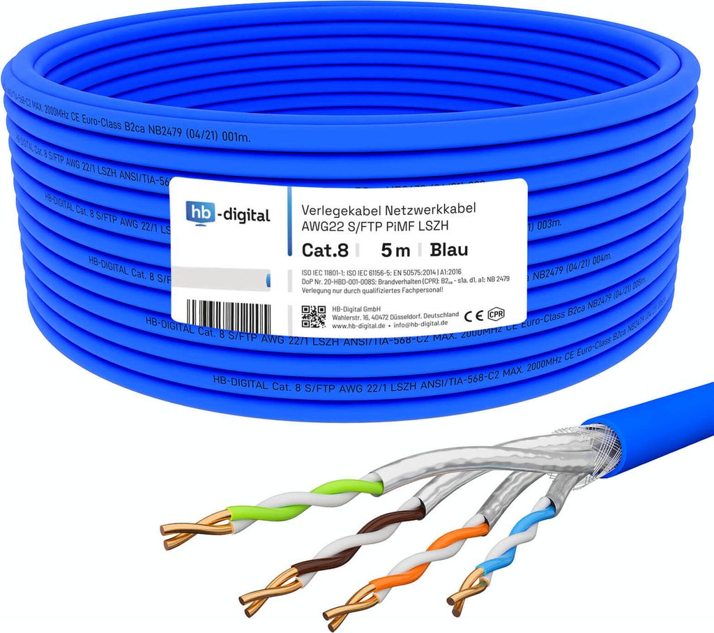 hb-digital CAT.8 Verlegekabel 5m Netzwerkkabel max. 2000 MHz S/FTP AWG22 LSZH blau