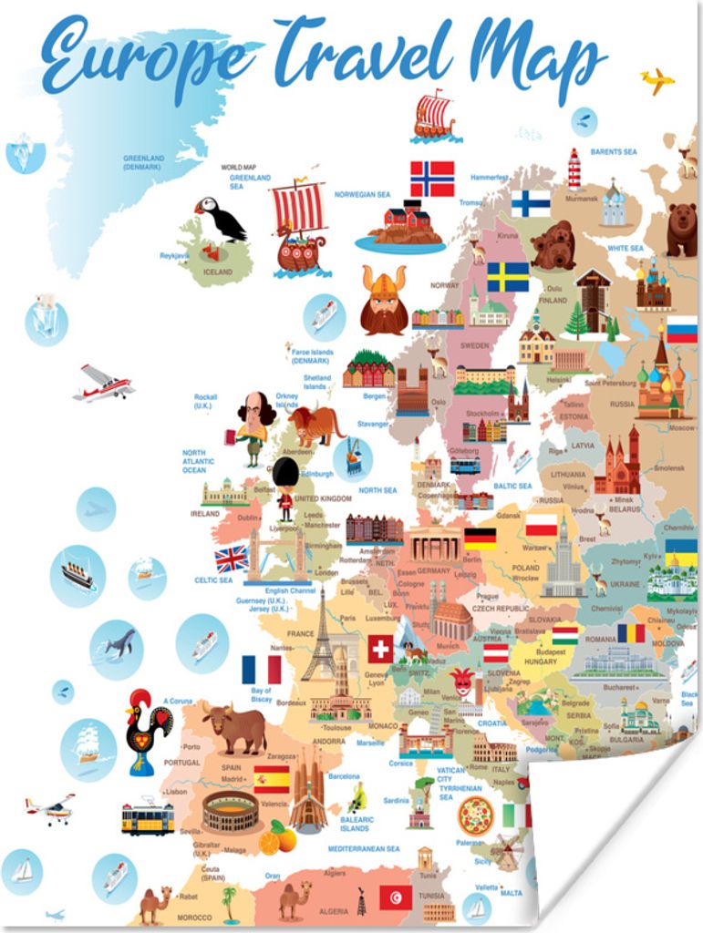 MuchoWow Poster Karte - Europa - Reisen 120x160 cm - Wandbilder