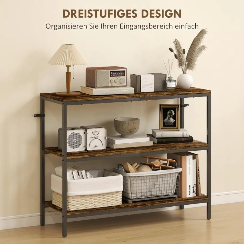 Table d'appoint industrielle à 3 niveaux en bois et métal marron clair