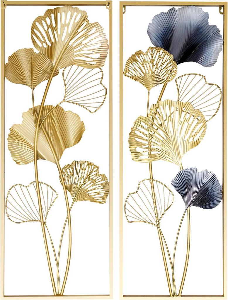 Ginkgo-Blätter - Metall-Wanddeko - Wandkunst - Rechteckig - 85 x 31 cm - Für Wohnzimmer und Esszimmer - Gold und Blau