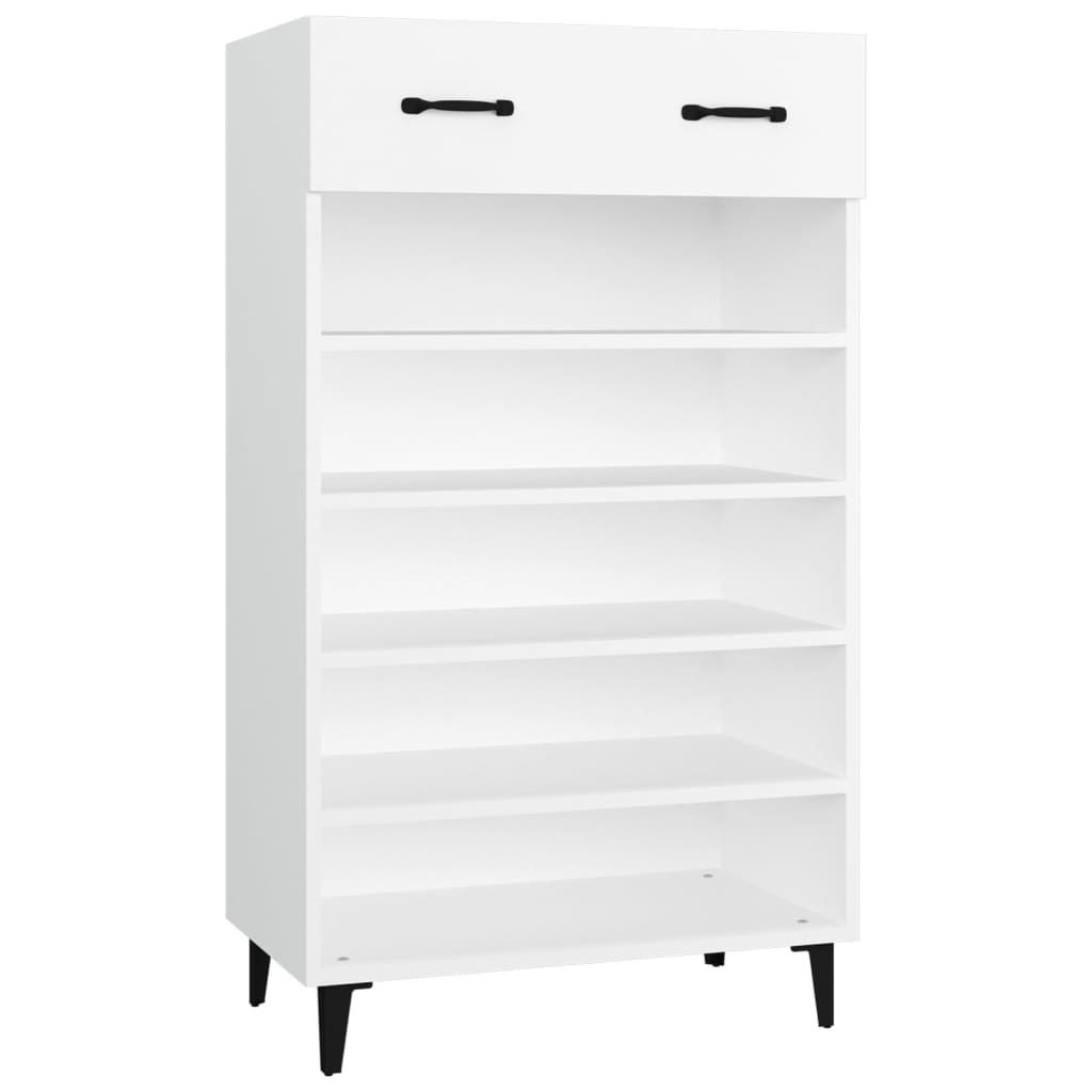 A white shoe cabinet with black handles and legs, shown against a white background.