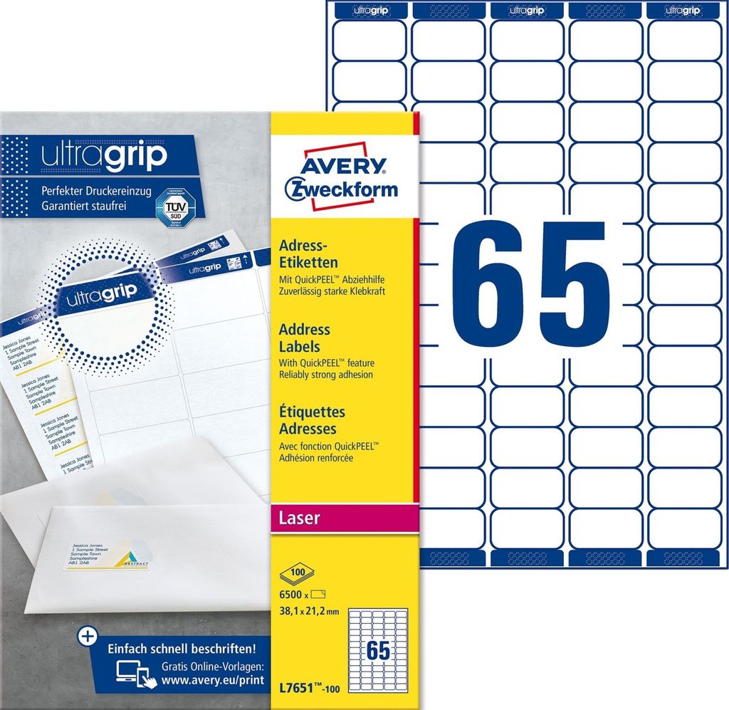 Adress-Etiketten ultragrip 38,1x21,2 mm VE=5x6.500 Etiketten / 100 Bogen weiß