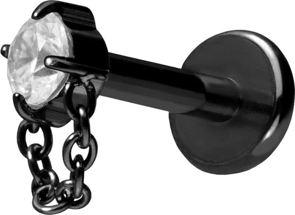 Ohrpiercing, Nasenpiercing Titan Labret mit Push Fit KRISTALL + KETTE Schwarz Stablänge: 10mm | Stabstärke: 1,2mm