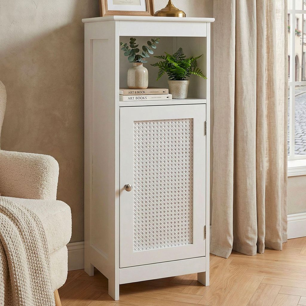 FineBuy Standregal Weiß 80cm – Nischenregal Tür & Ablage Geflecht – schmales Wohnregal Flur & Wohnzimmer – Stauraumregal - Kleiner Schrank ...