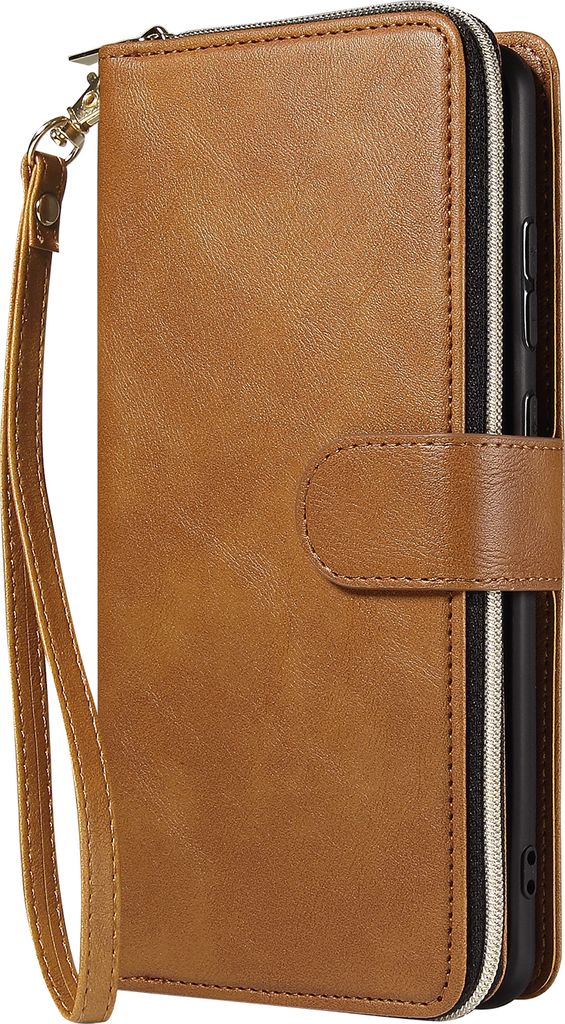 Für Samsung S10/S20/S10E/ S10 Plus Kunstleder Handyhülle Reißverschluss Tasche + Handschlaufe braun