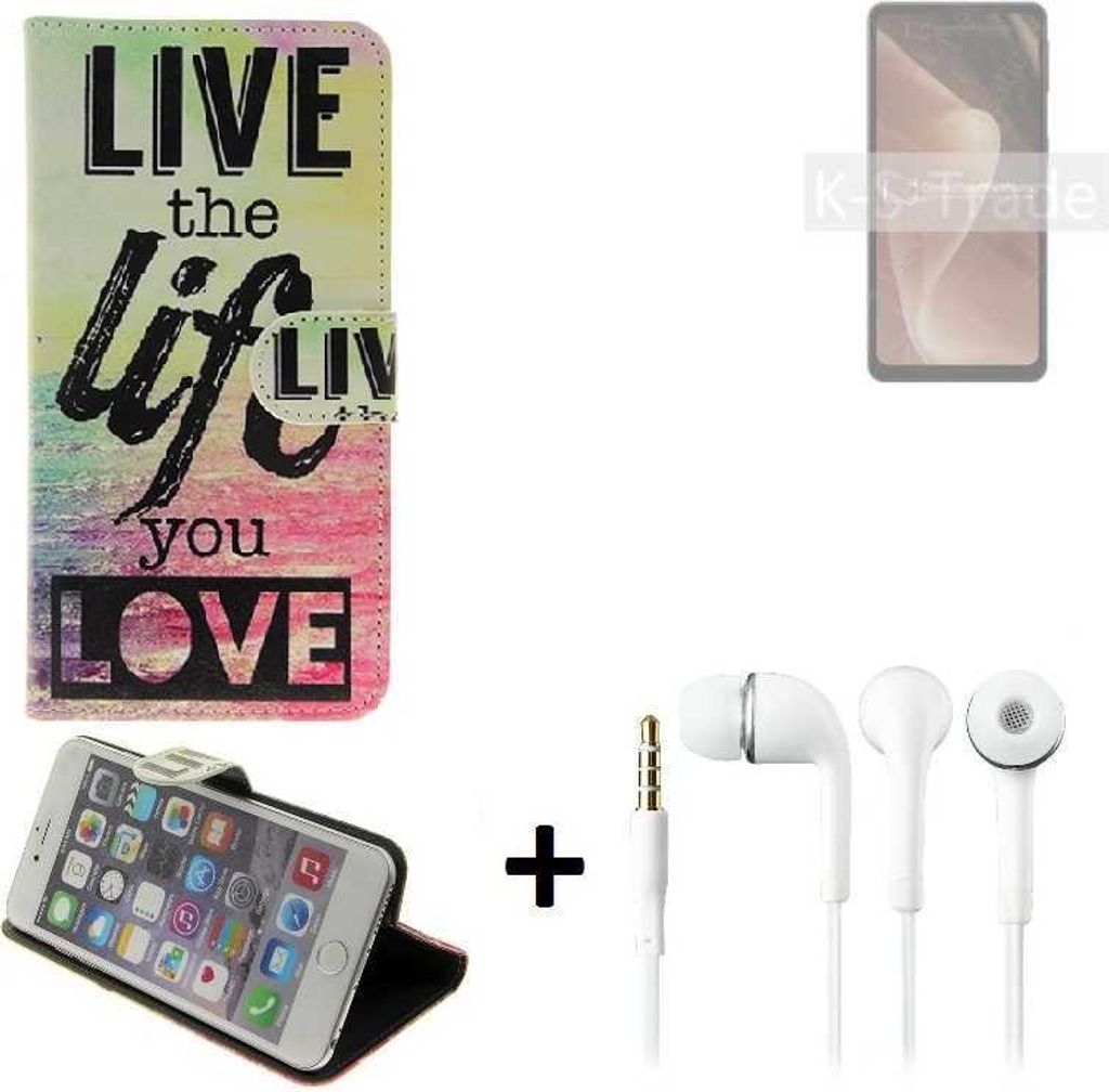 K-S-Trade Schutz Hülle kompatibel mit Sharp Aquos Sense7 Plus 360° Wallet Case ''live life love'' Tasche Handy Hülle Etui Smartphone Flip cover