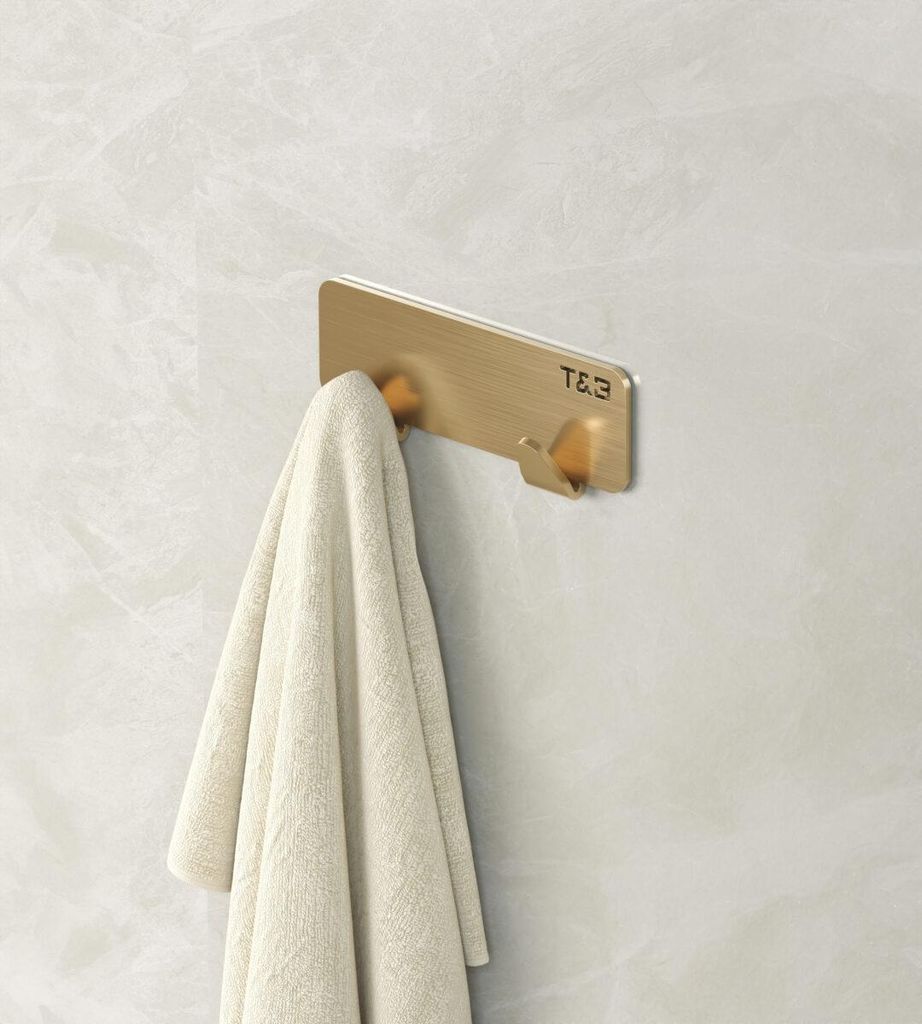 Nortiq T&B Doppelhaken 16,6 x 5 x 2,2 cm gebürstetes Gold Aluminium Wandhaken Handtuchhaken Bad 3M Klebemontage
