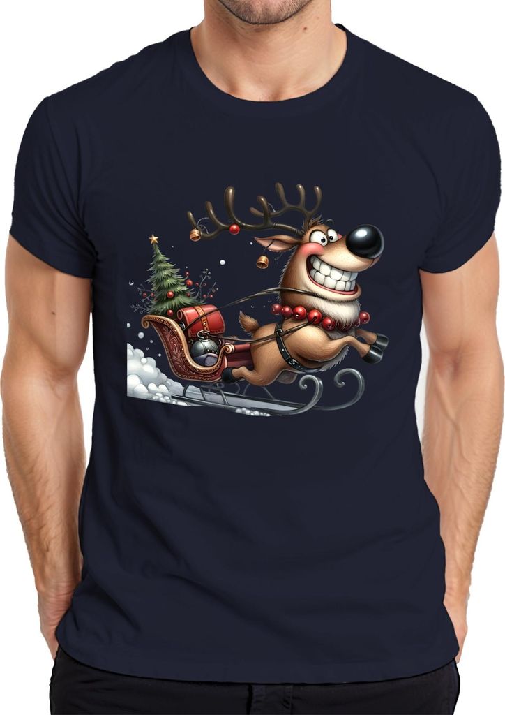 Lustiges Rentier Schlitten Weihnachten Geschenk Retro Herren T-Shirt, Navy, 3XL