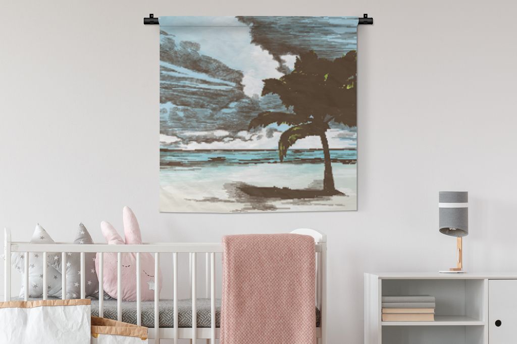 MuchoWow Wandteppich Wandbehang Strand - Palme - Meer 90x90 cm Tapisserie Dekoration Wandtuch - Wandaufhänger