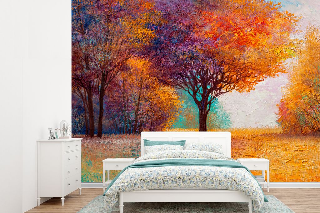 MuchoWow Fototapete für Wohnzimmer oder Schlafzimmer Wandtapete Vinyl Motivtapete Ölgemälde - Baum - Farben - 305x220 cm - Wandbilder