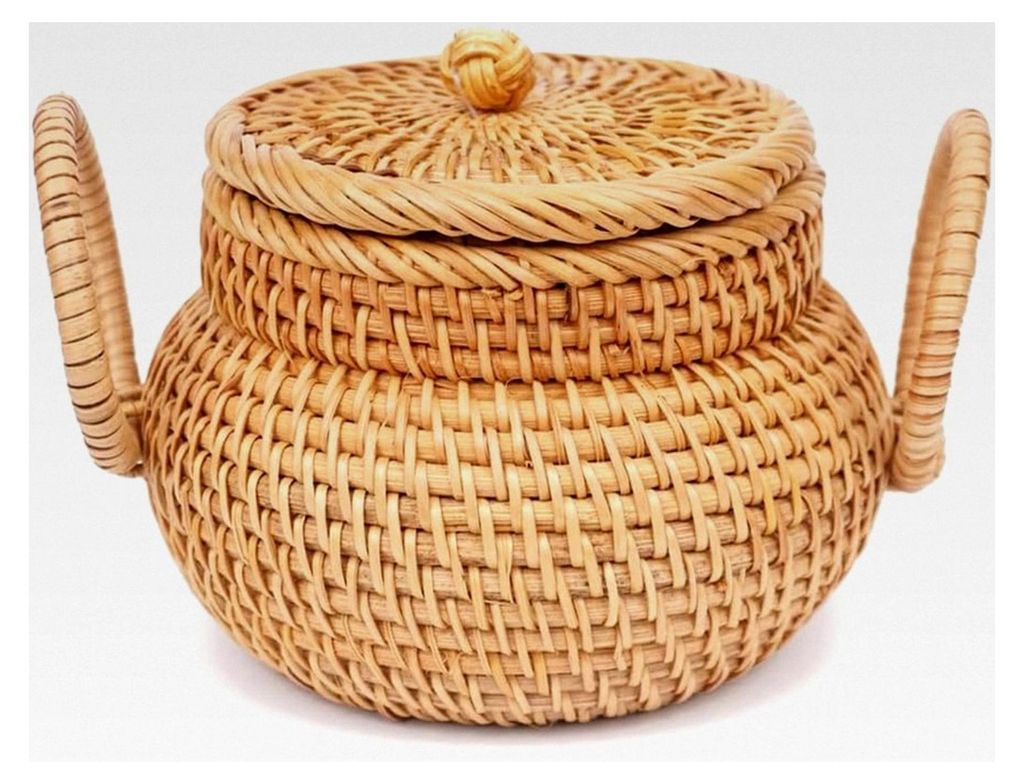 Kleiner Rattankorb mit Deckel, Organizer für Süßigkeiten, rustikaler Korb für Regal, Tisch, Büro, 1 Stück