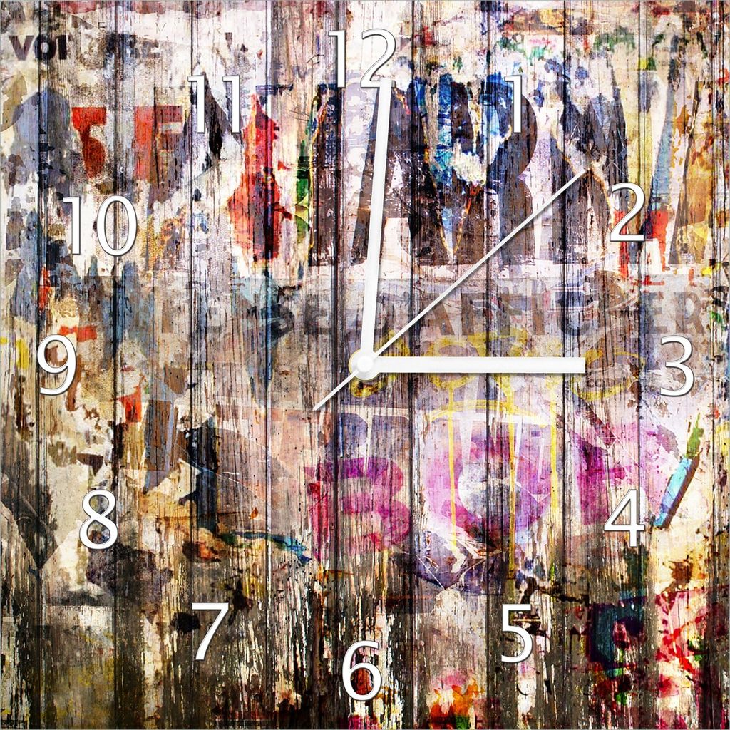 Wallario Design Wanduhr Bemalte Holzplanken mit alter Schrift aus Echtglas, Größe 30 x 30 cm