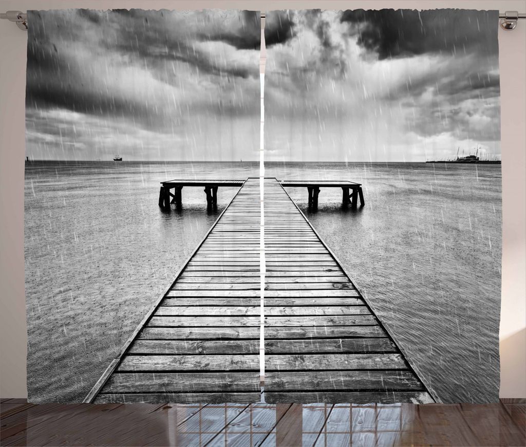ABAKUHAUS Schwarz und weiß Rustikaler Vorhang, Old Pier auf Meer, Wohnzimmer Universalband Gardinen mit Schlaufen und Haken, 280 x 245 cm, Schwarz...