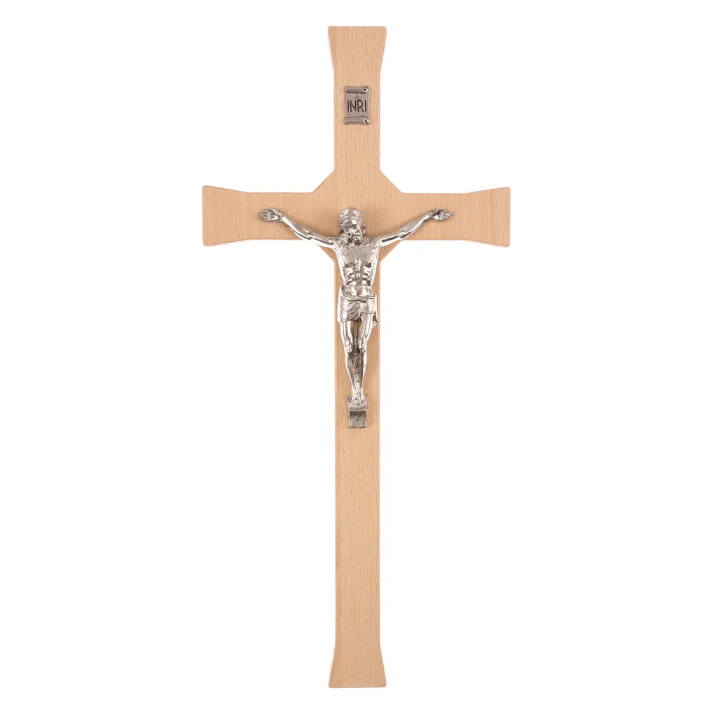 Croix en bois naturel rayée 42x18cm style classique suspendue zen