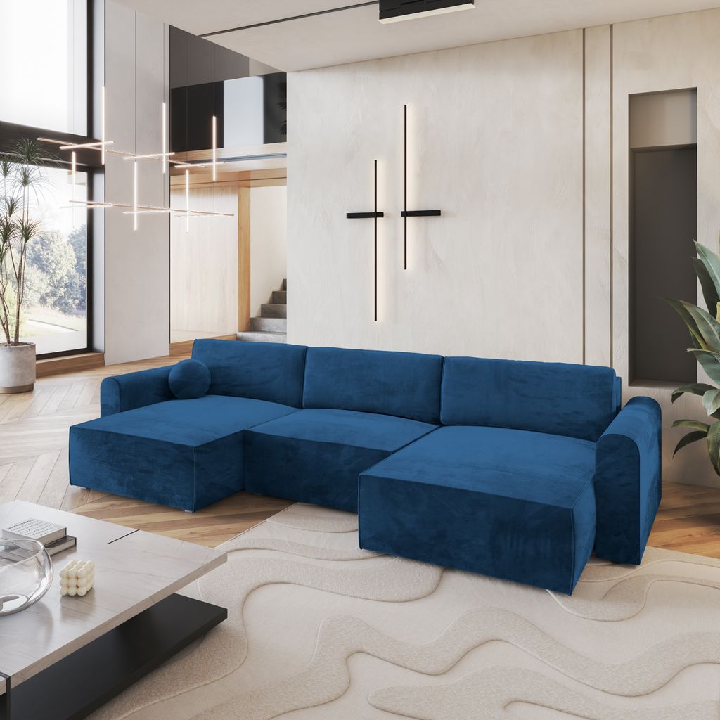 Masseno Ecksofa FENTO M mit Schlaffunktion U-Form, Sofa mit Bettkasten, Wohnzimmersofa, Couch, Soffa, Bettsofa, Couchgarnitur- Blau, MONOLITH 77