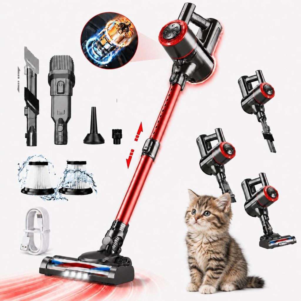 Akku Staubsauger, 500W/32000 Pa Staubsauger kabellos mit HEPA ,45 Min, kabelloser Staubsauger,Anti-Tangle-Staubsauger, Handstaubsauger für Tierhaare
