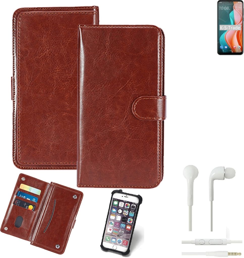 K-S-Trade 360° Hülle kompatibel mit HTC Desire 19s inkl. Headphones braun Kunstleder Case BookCase WalletCase Kunstlederederhülle Handyhülle,