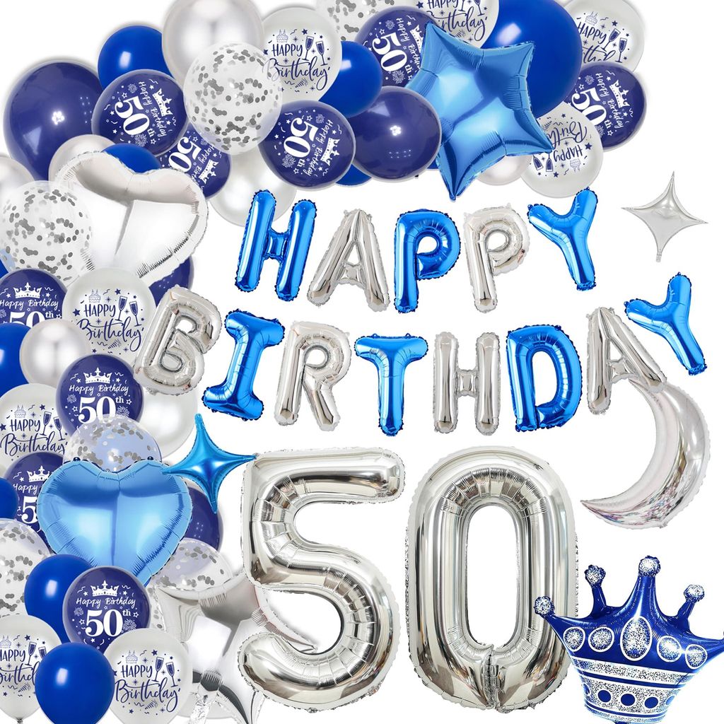 Dekoration zum 50. Geburtstag Set XXL-Ballons in Blau und Silber mit der Zahl 50 ZŁE OPISY