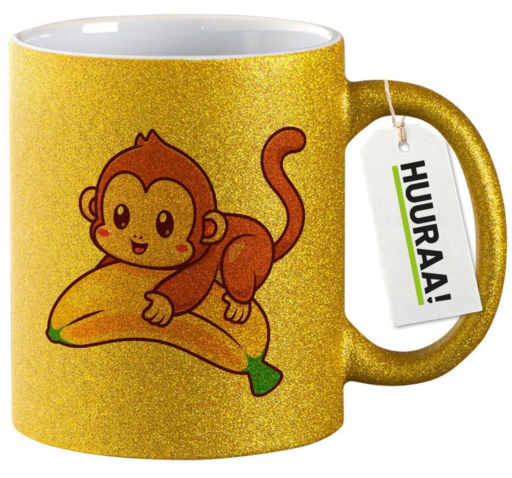 Huuraa Glitzertasse Süßer Affe Comic 330ml Gold Keramik Kaffeebecher Geschenkidee