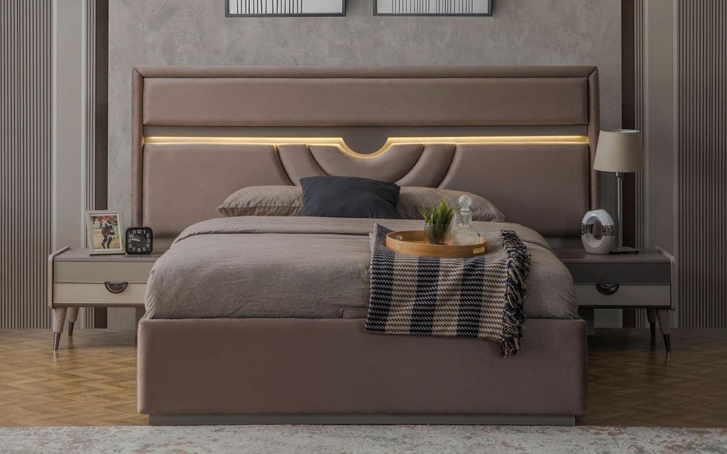 Doppelbett Schlafzimmer Bett Nachttische Beige Set 3tlg Produktbild 