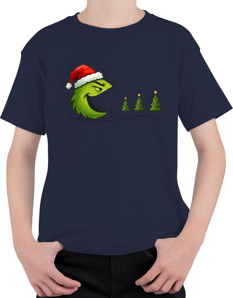 Weihnachtsbaum Fresser Grün frech Weihnachten Geschenk Retro Uni Kinder T-Shirt, Navy, 104