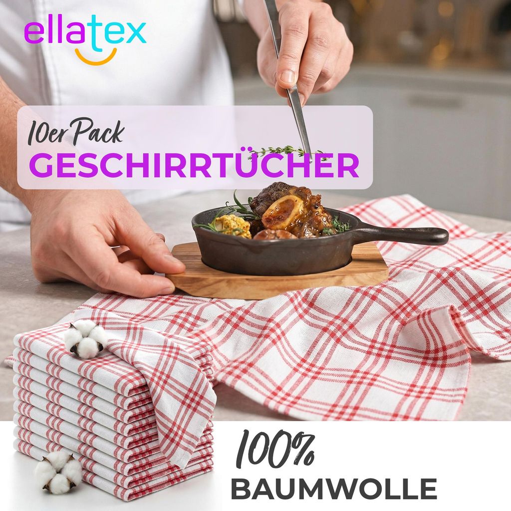 10er PACK Rot Geschirrtücher Küchentücher 100% Baumwolle