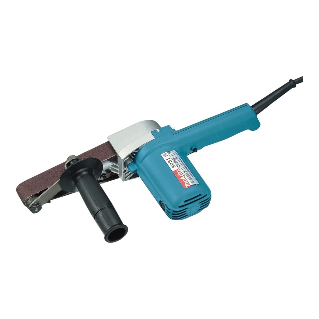 A turquoise and gray belt sander with a black handle and a brown sanding belt, isolated on a white background.