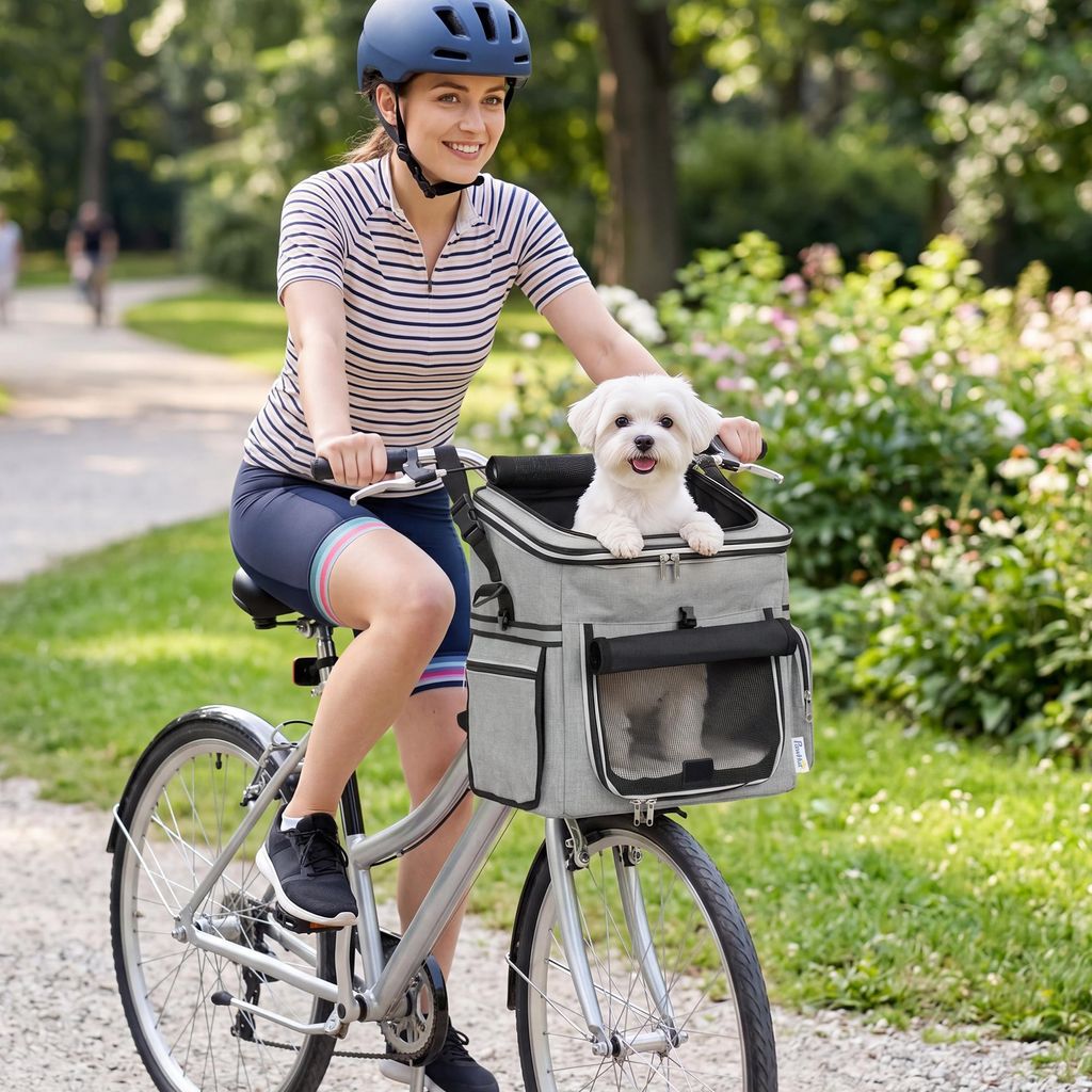 Hundefahrradkorb Vorne, Fahrradkorb Hund, Oxford-Stoff mit Sicherheitsleine, Hellgrau | 33x26x35 cm | bis 5 kg | inkl. Kissen & Schüssel