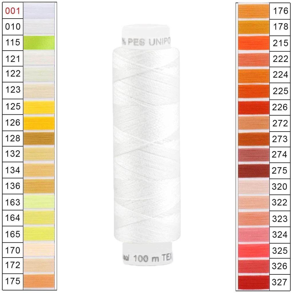 Nähgarn 100m Unipoly 120 Tex14x2 Polyester Nähfaden Nähmaschinengarn Farben 1v6 , Farbe:001