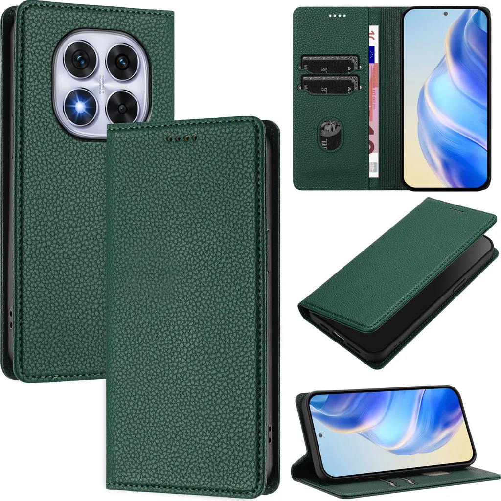 Custodia Pelle Litschi per Redmi Note 14 Pro: Eleganza Verde Portafoglio