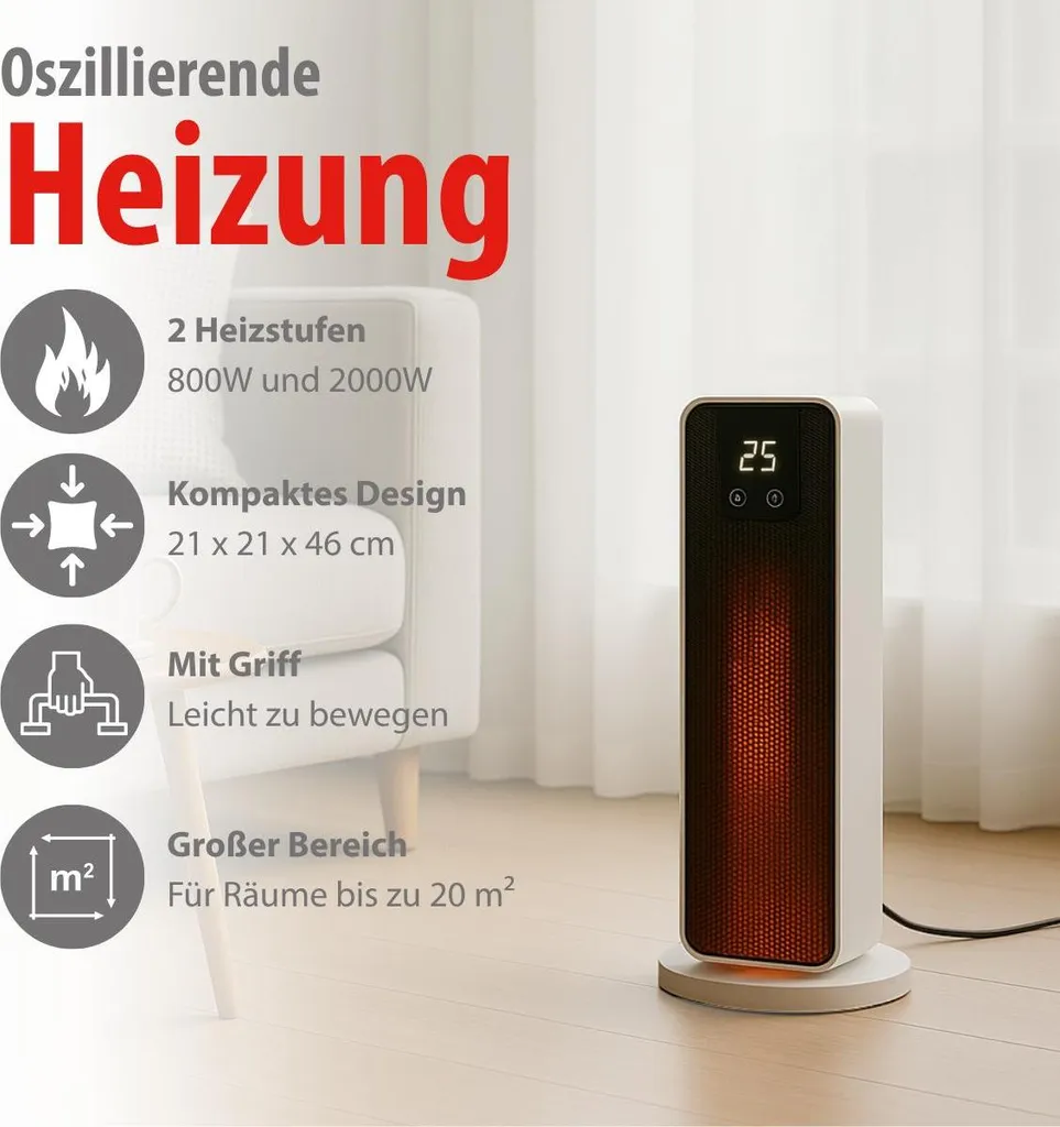 Stufa Elettrica a Torre PTC 2000W | Protezione Surriscaldamento e Timer - 2