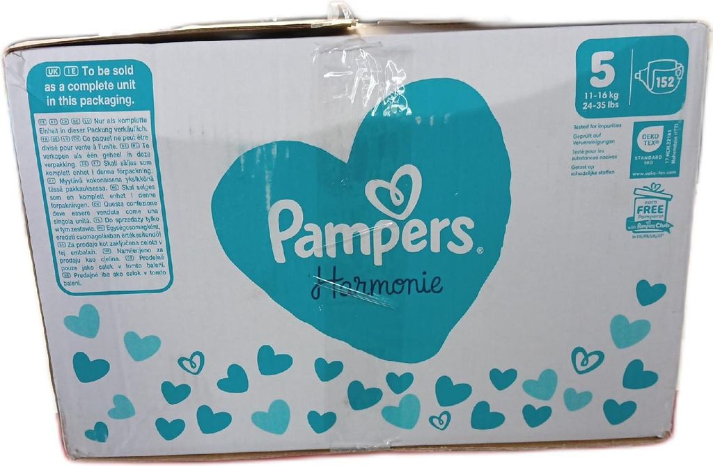 A cardboard box of Pampers Harmonie diapers.