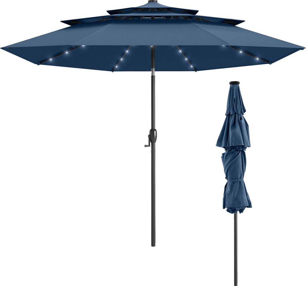 GOPLUS Terrassenschirm 300 cm mit LED Beleuchtung, Sonnenschirm mit Kurbel, stabiler Gartenschirm um 35° knickbar, Blau