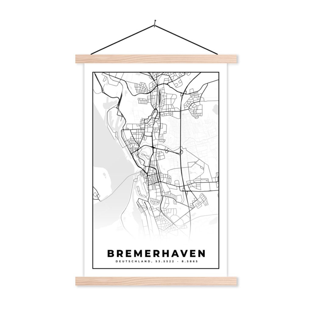 MuchoWow Textilposter Bremerhaven - Karte - Stadtplan 60x90 cm mit holzfarbenen Rahmen - Textil