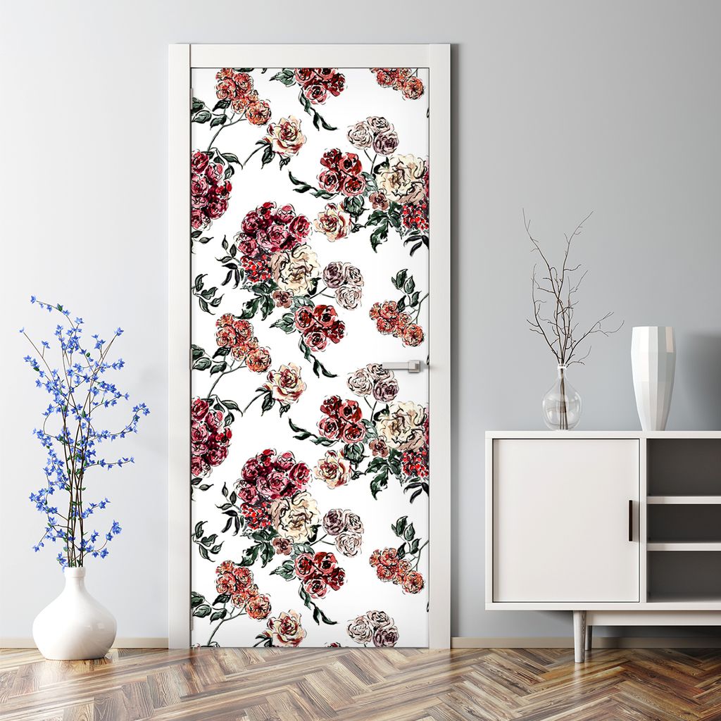 Dekorative Tür Wandaufkleber Wandtattoo selbstklebend Pastellrosa Blumen und Papageien 70 x 200 cm