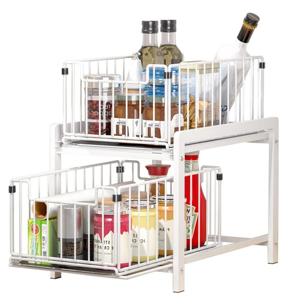 Regal mit 2 Auszugskörben, 2 Ebenen, Gewürzregal, Edelstahl, Schublade, Stauraum, Bad-Organizer, Regal für Zuhause und Büro, weiß