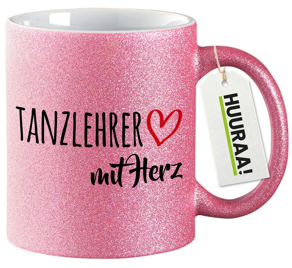 Huuraa Glitzertasse Tanzlehrer mit Herz 330ml Pink Keramik Kaffeebecher Geschenkidee