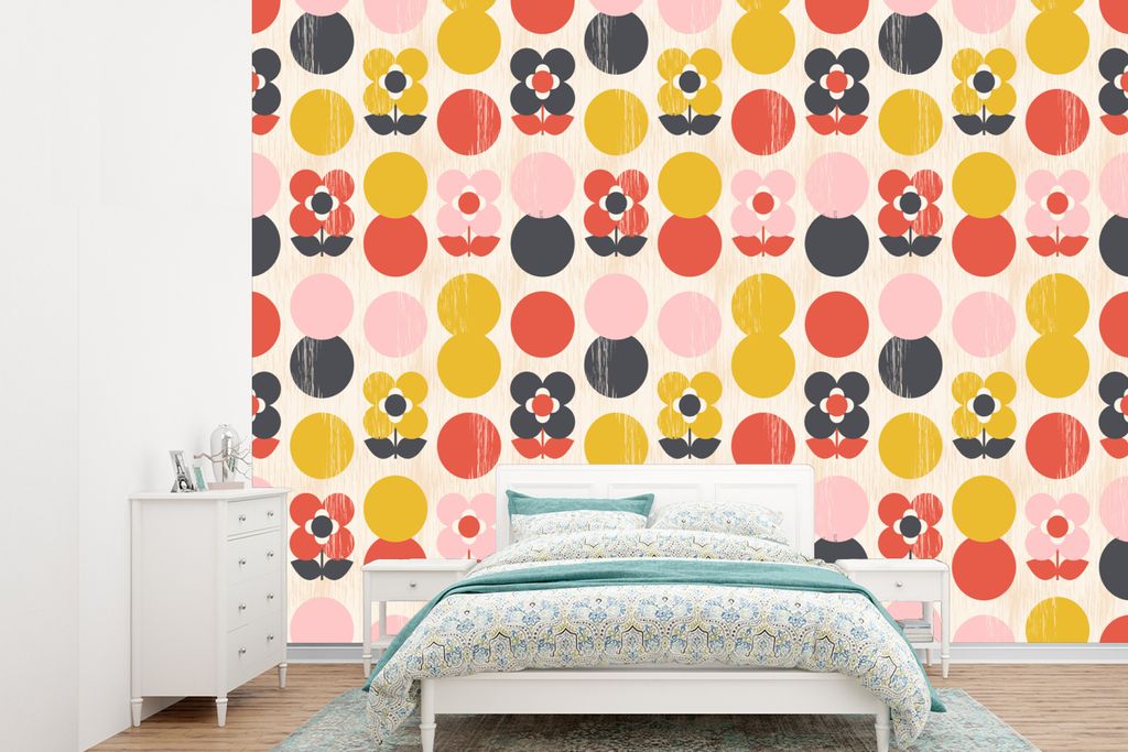 MuchoWow Fototapete für Wohnzimmer oder Schlafzimmer Wandtapete Vinyl Motivtapete Retro - Design - Blumen - Pastell - 385x280 cm - Wallpaper