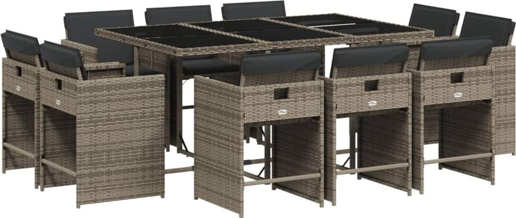 11-tlg. Garten-Essgruppe mit Kissen Grau Poly Rattan