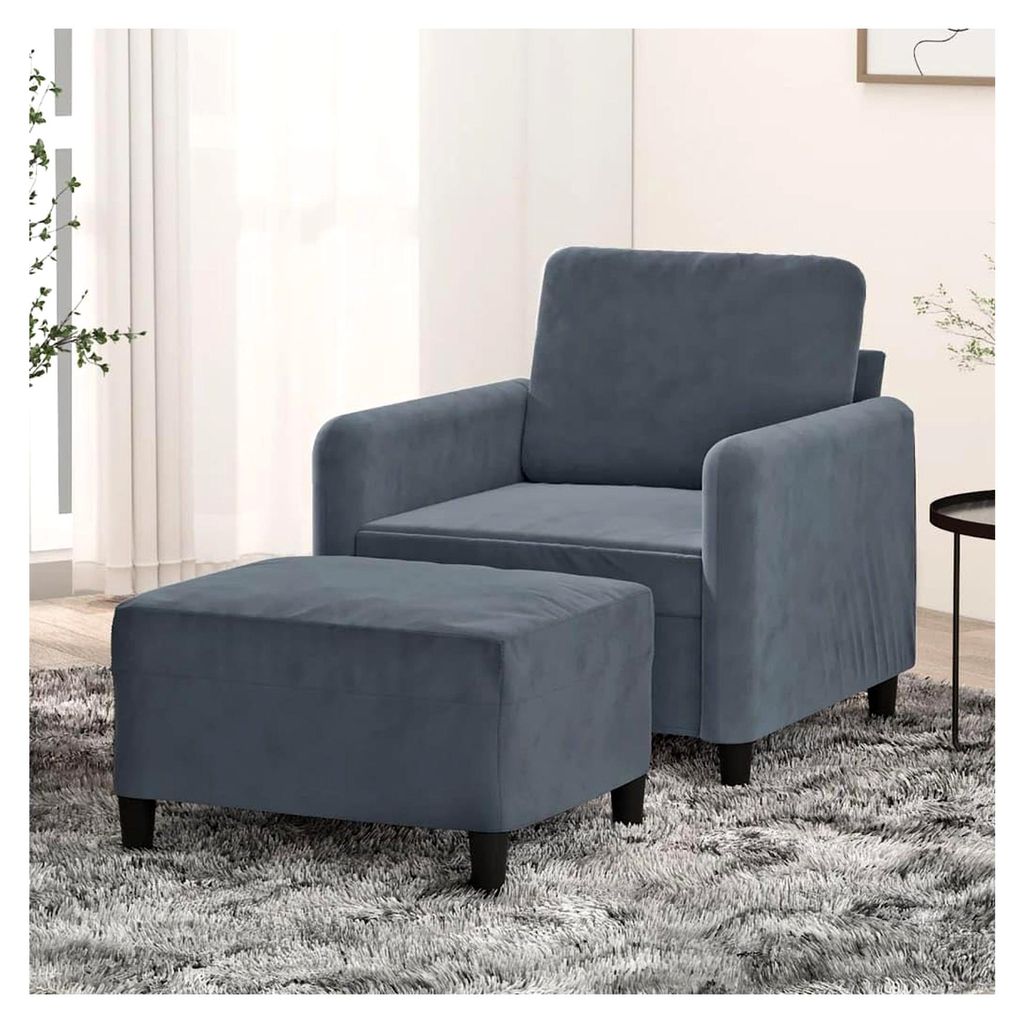 Dunkelgrauer Sessel mit Hocker, 60 cm breite Samtsitzfläche, robustes Metallgestell, bequemer Relaxsessel für Wohnzimmer und Schlafzimmer, max. 1...